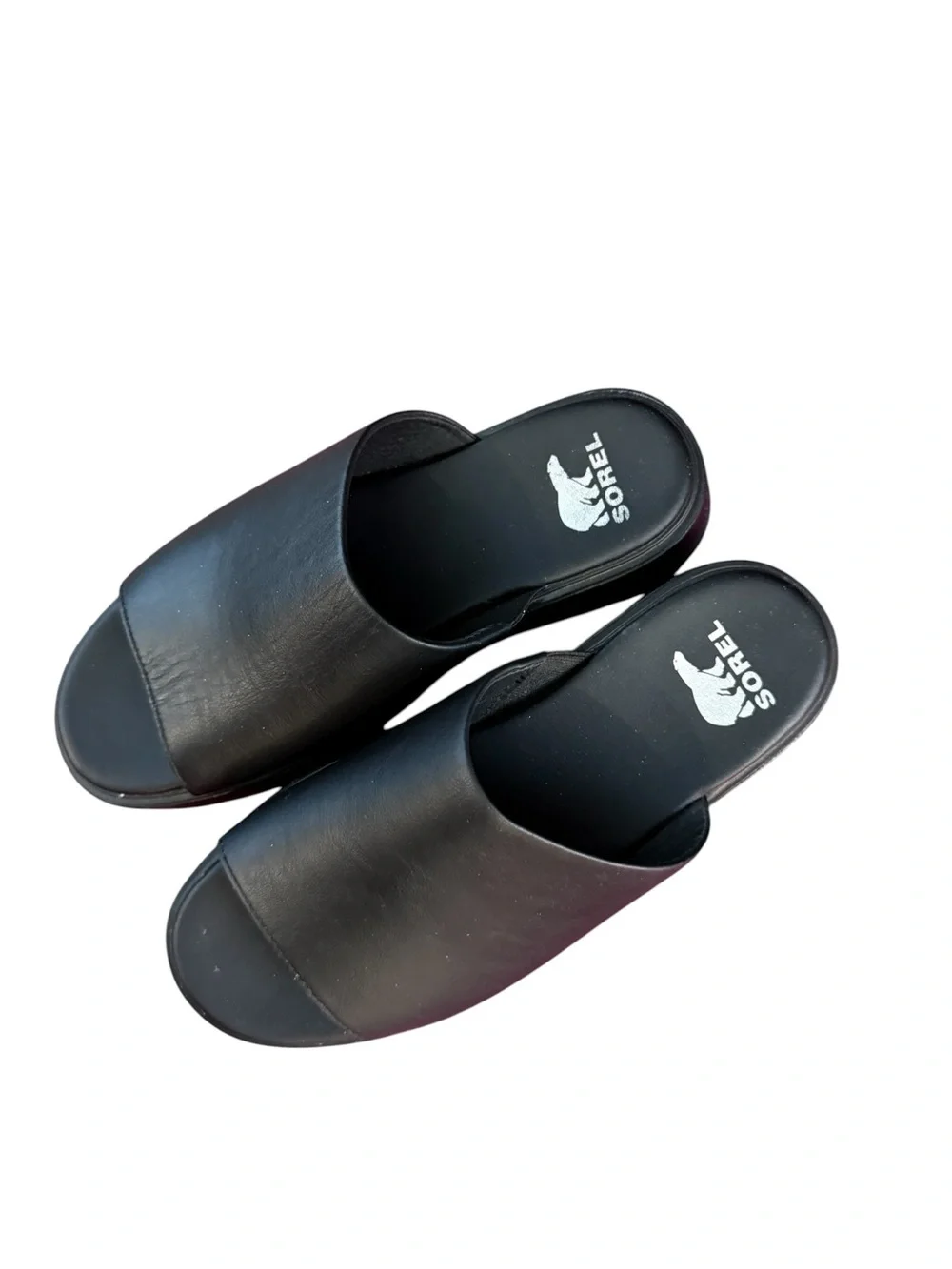 SOREL Dayspring Wedge Platform Vegan Faux Leather Open Slides Black Sandals